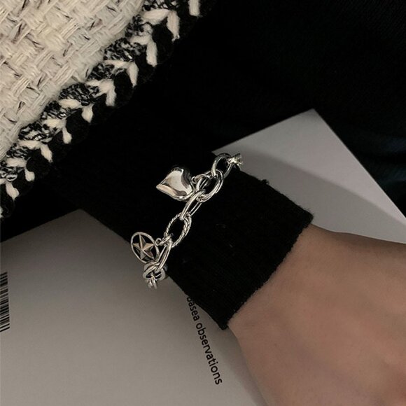 NEW 925 Sterling Silver Heart Star chunky Link Chain Bracelet - Picture 5 of 6